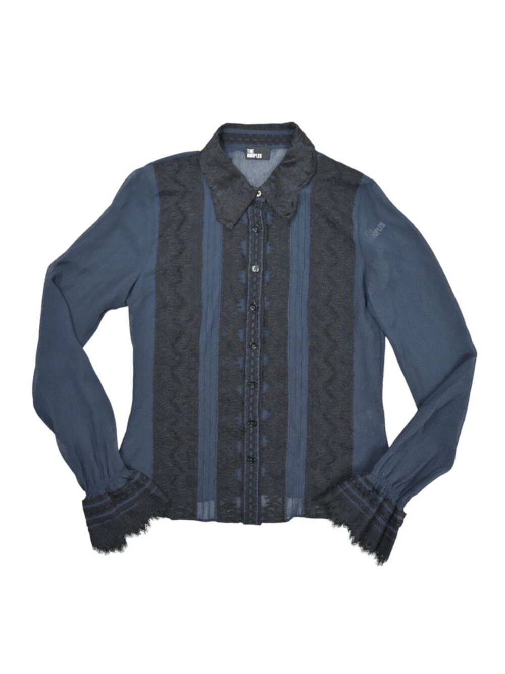 The Kooples Button Down Collar Lace Trim Silk Blouse in Navy Blue